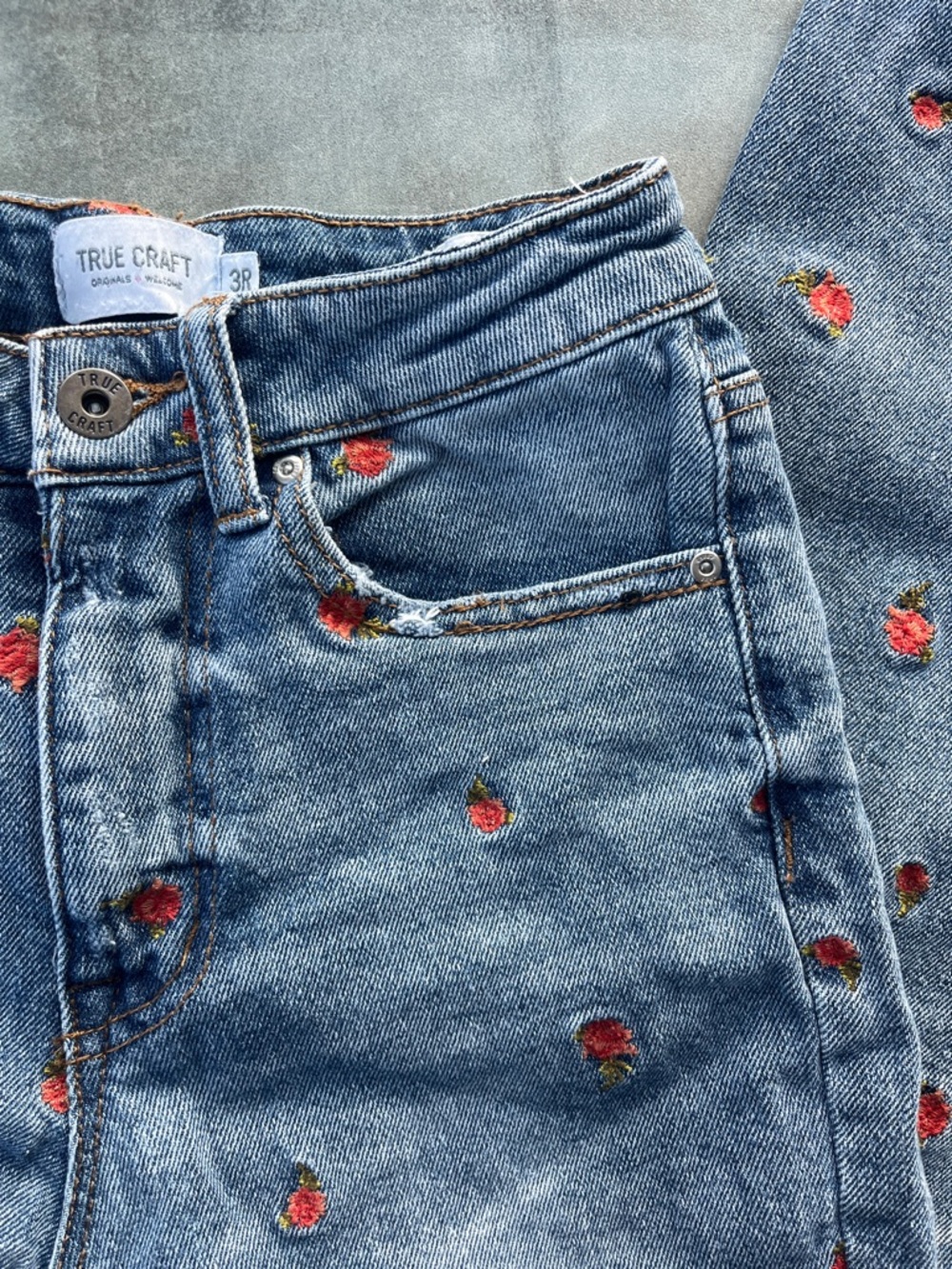 True Craft Blue Straight Leg Jeans with Red Rose Embroidery